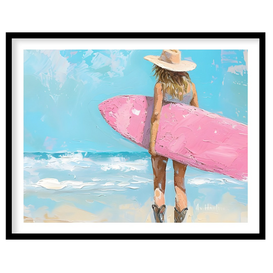 Embrace the serene beauty of the seaside with this enchanting artwork featuring a surfer gazing for residence