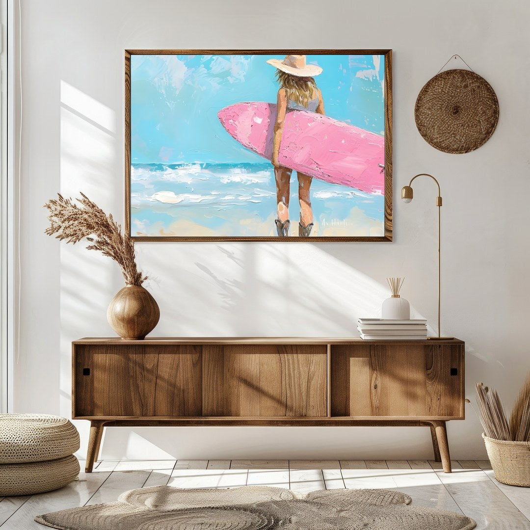 Embrace the serene beauty of the seaside with this enchanting artwork featuring a surfer gazing for Sitting Area