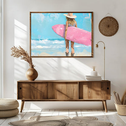 Embrace the serene beauty of the seaside with this enchanting artwork featuring a surfer gazing for Sitting Area