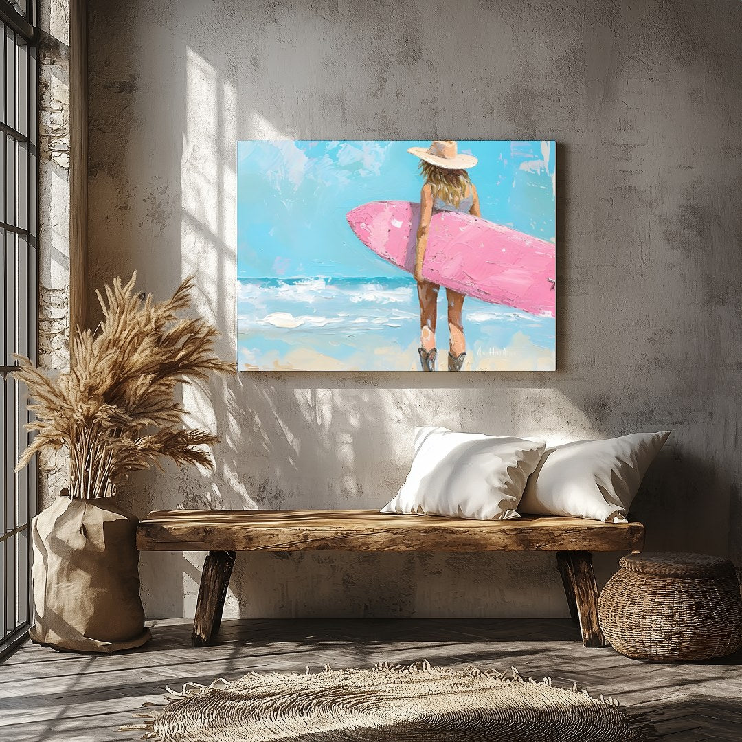 Embrace the serene beauty of the seaside with this enchanting artwork featuring a surfer gazing for Veranda