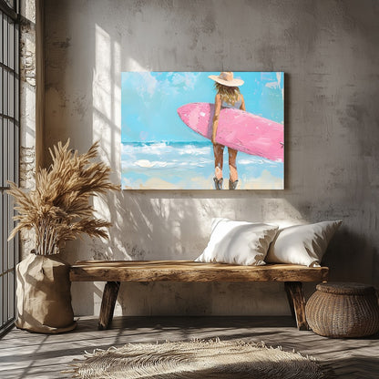 Embrace the serene beauty of the seaside with this enchanting artwork featuring a surfer gazing for Veranda