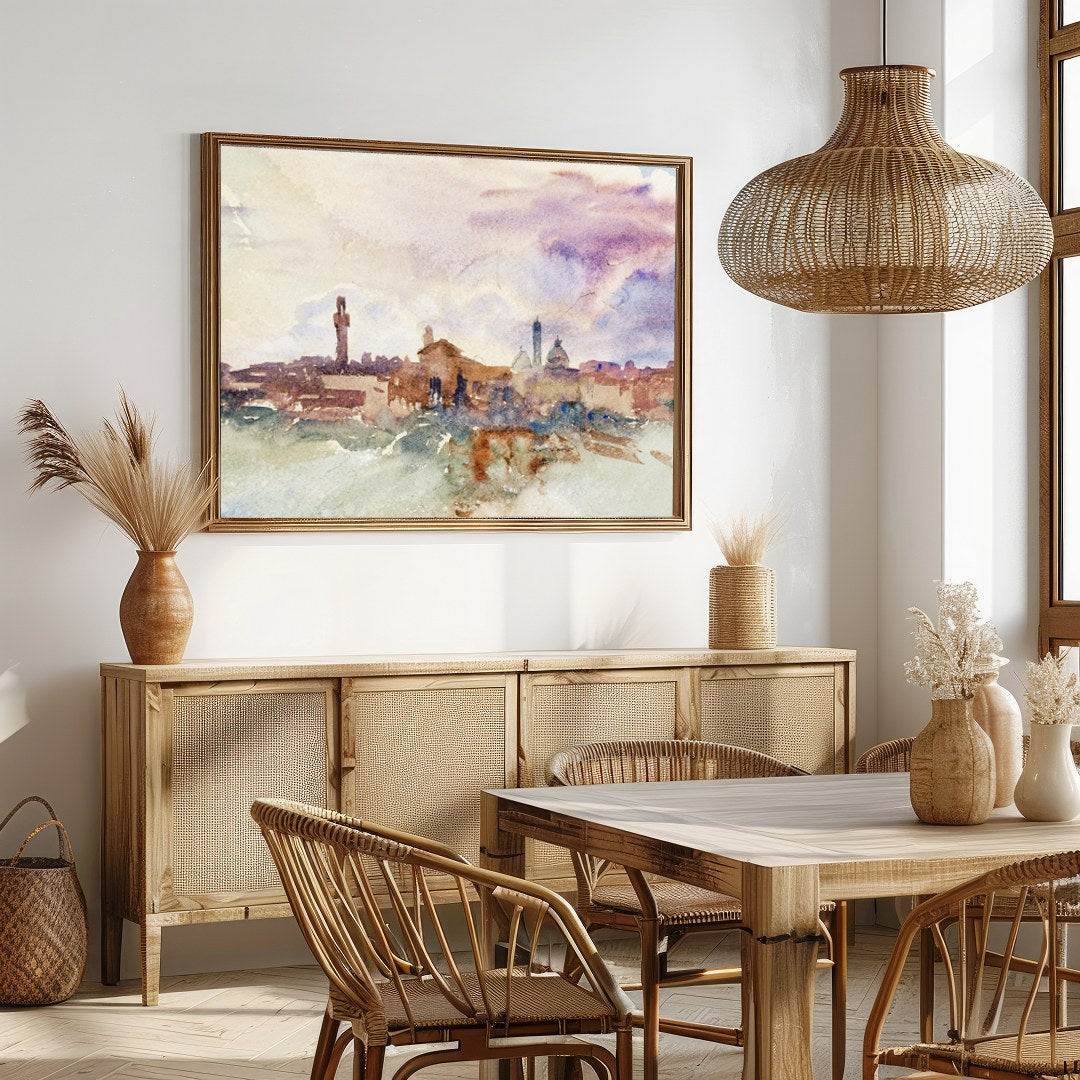Immerse yourself in the ethereal beauty of this watercolor cityscape, where soft hues blend for Dining