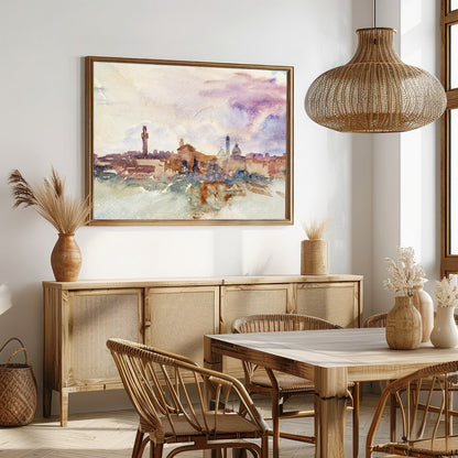 Immerse yourself in the ethereal beauty of this watercolor cityscape, where soft hues blend for Dining