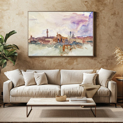 Immerse yourself in the ethereal beauty of this watercolor cityscape, where soft hues blend for Family Room