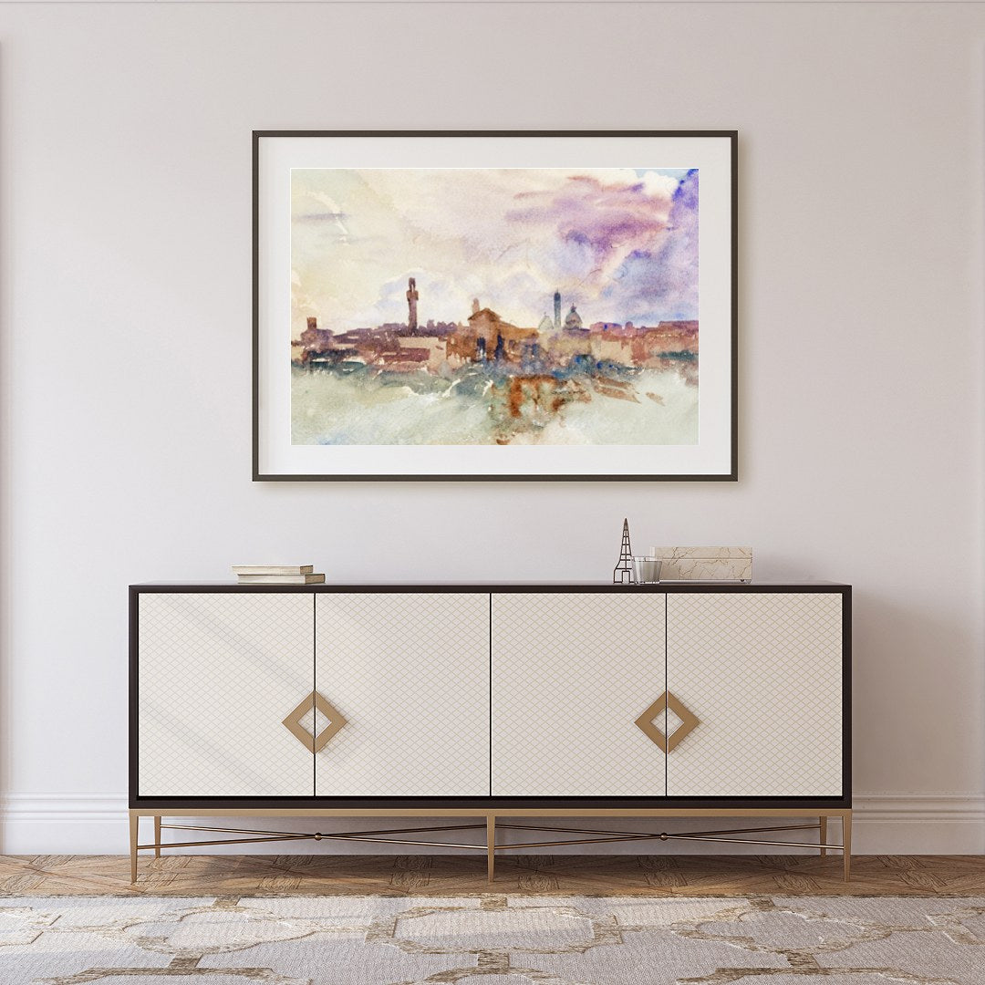 Immerse yourself in the ethereal beauty of this watercolor cityscape, where soft hues blend for Foyer