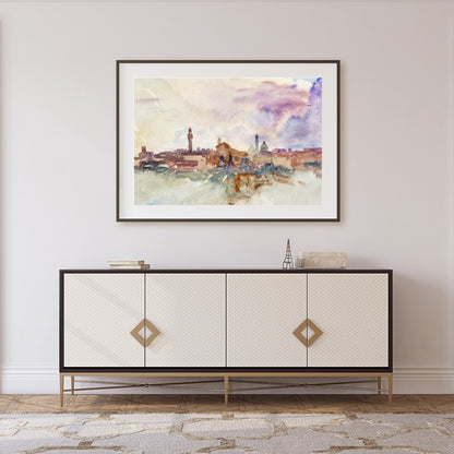 Immerse yourself in the ethereal beauty of this watercolor cityscape, where soft hues blend for Foyer