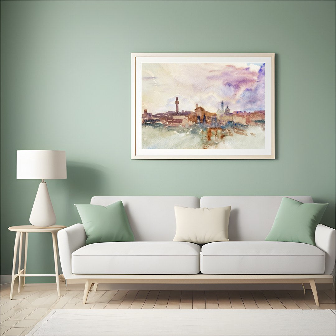 Immerse yourself in the ethereal beauty of this watercolor cityscape, where soft hues blend for Hall