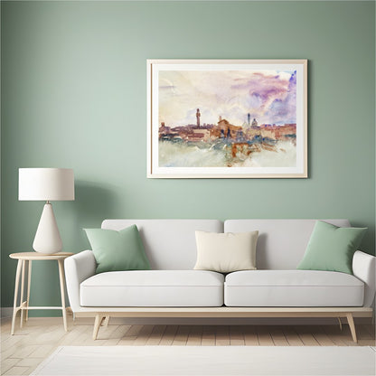 Immerse yourself in the ethereal beauty of this watercolor cityscape, where soft hues blend for Hall