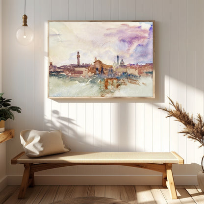 Immerse yourself in the ethereal beauty of this watercolor cityscape, where soft hues blend for Hallway