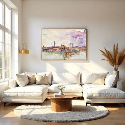 Immerse yourself in the ethereal beauty of this watercolor cityscape, where soft hues blend for Living Room