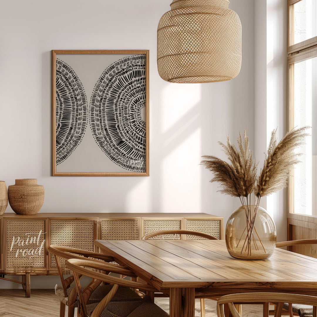"""Dual Radiance"" presents a symmetrical composition featuring two semi-circular forms filled with… for dining room