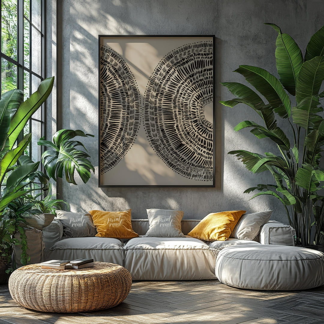 """Dual Radiance"" presents a symmetrical composition featuring two semi-circular forms filled with… for living room