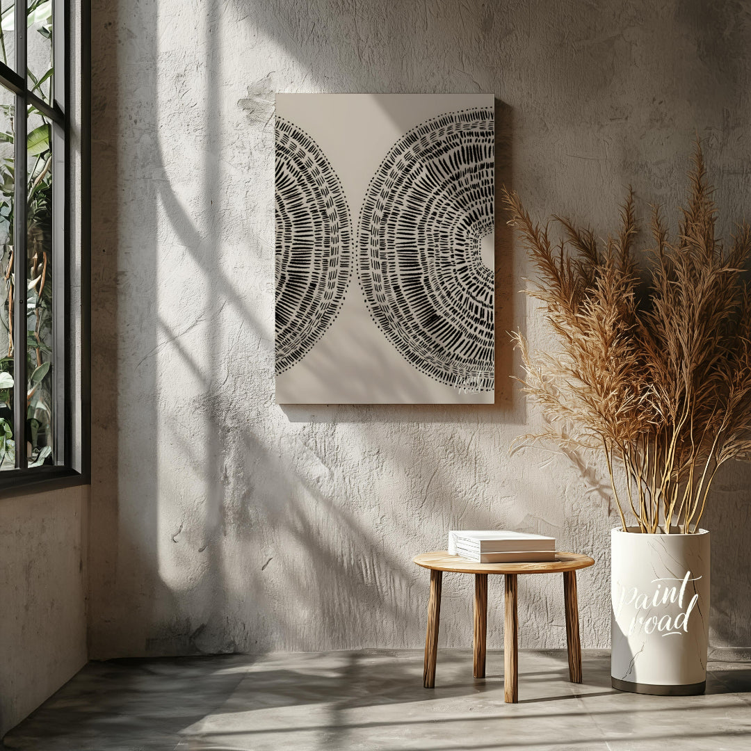 """Dual Radiance"" presents a symmetrical composition featuring two semi-circular forms filled with… for living room