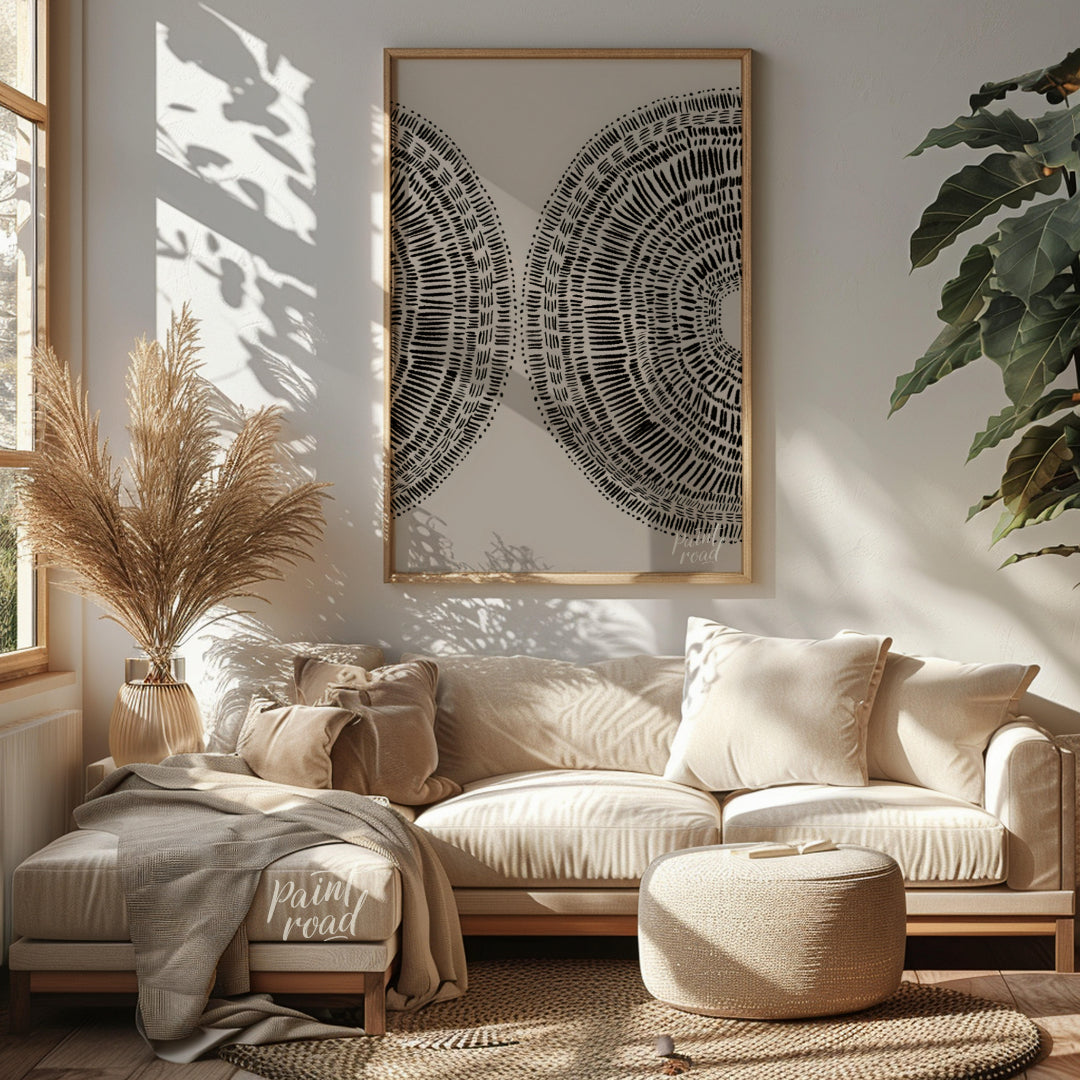 """Dual Radiance"" presents a symmetrical composition featuring two semi-circular forms filled with… for living room