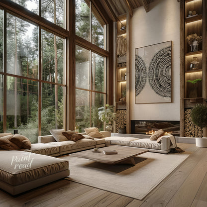 """Dual Radiance"" presents a symmetrical composition featuring two semi-circular forms filled with… for living room