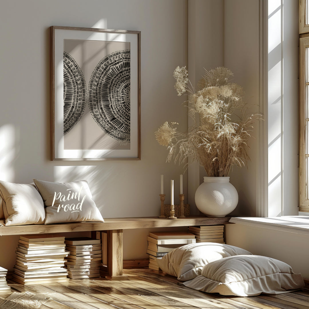 """Dual Radiance"" presents a symmetrical composition featuring two semi-circular forms filled with… for living room
