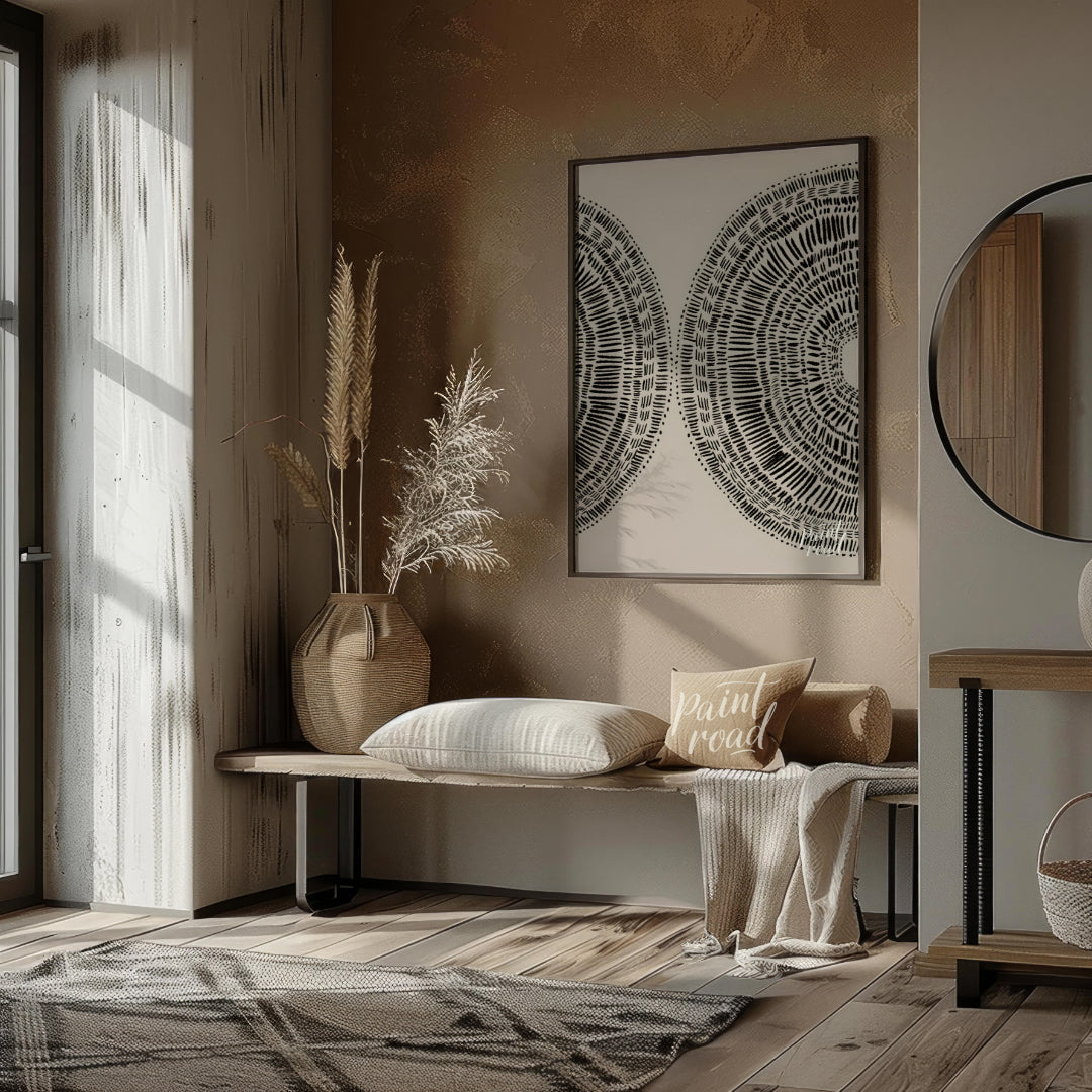 """Dual Radiance"" presents a symmetrical composition featuring two semi-circular forms filled with… for living room