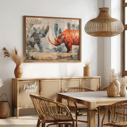 This compelling artwork depicts two rhinoceroses in a stylized, watercolor-like setting, facing eac… for dining room