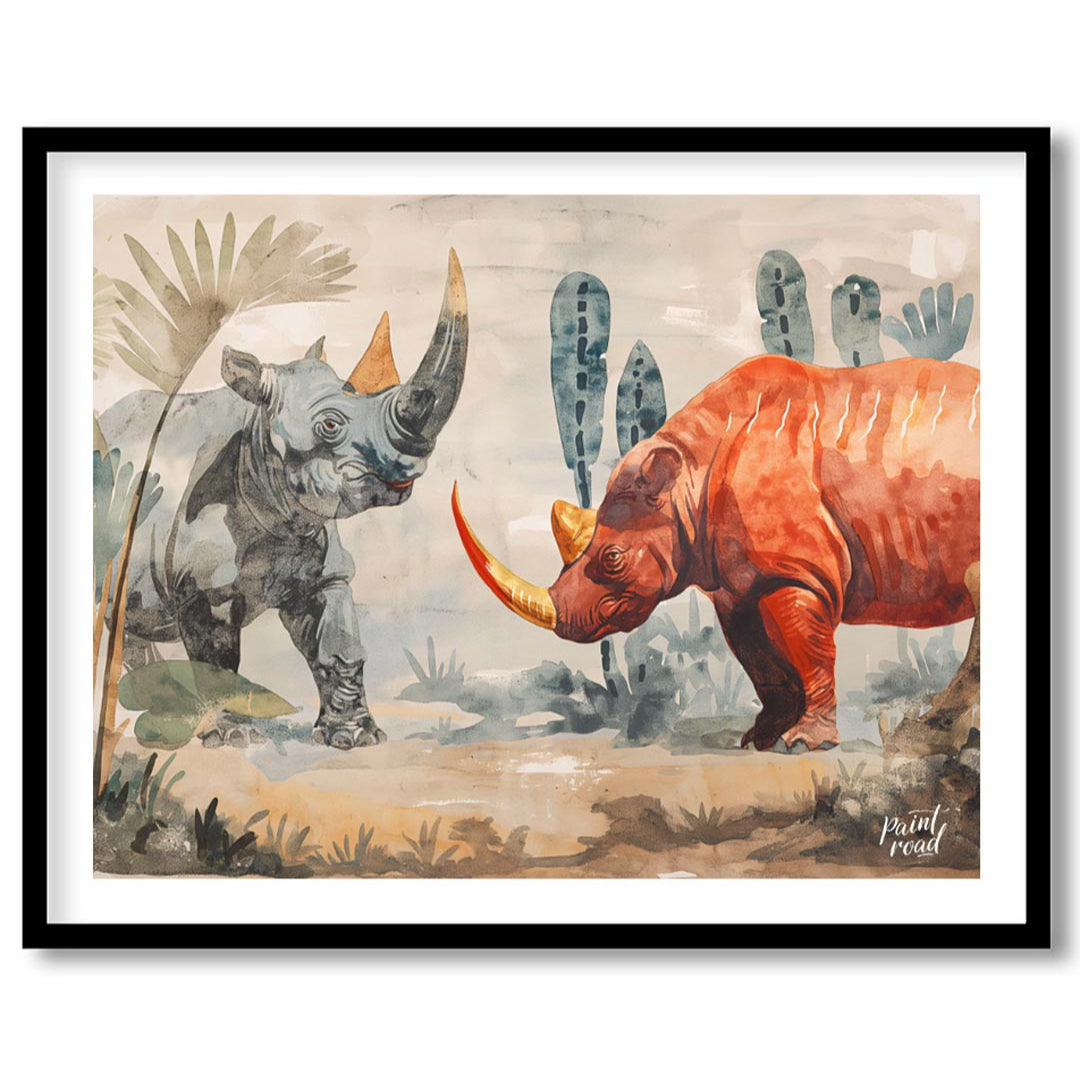 This compelling artwork depicts two rhinoceroses in a stylized, watercolor-like setting, facing eac… for dwelling