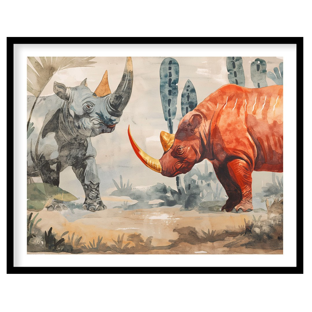 This compelling artwork depicts two rhinoceroses in a stylized, watercolor-like setting, facing eac… for dwelling