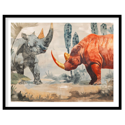 This compelling artwork depicts two rhinoceroses in a stylized, watercolor-like setting, facing eac… for dwelling