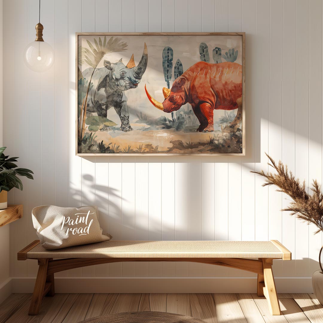 This compelling artwork depicts two rhinoceroses in a stylized, watercolor-like setting, facing eac… for entryway