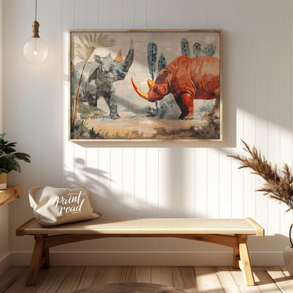 This compelling artwork depicts two rhinoceroses in a stylized, watercolor-like setting, facing eac… for entryway