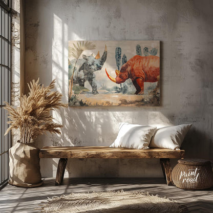 This compelling artwork depicts two rhinoceroses in a stylized, watercolor-like setting, facing eac… for entryway