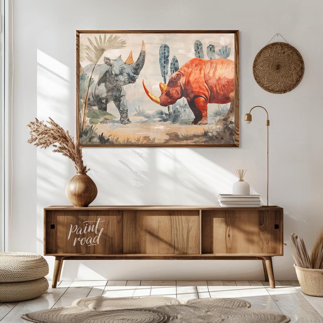 This compelling artwork depicts two rhinoceroses in a stylized, watercolor-like setting, facing eac… for living room