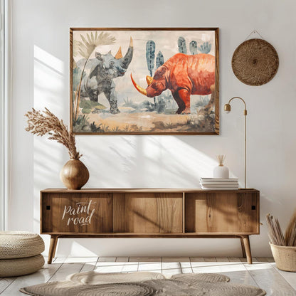 This compelling artwork depicts two rhinoceroses in a stylized, watercolor-like setting, facing eac… for living room