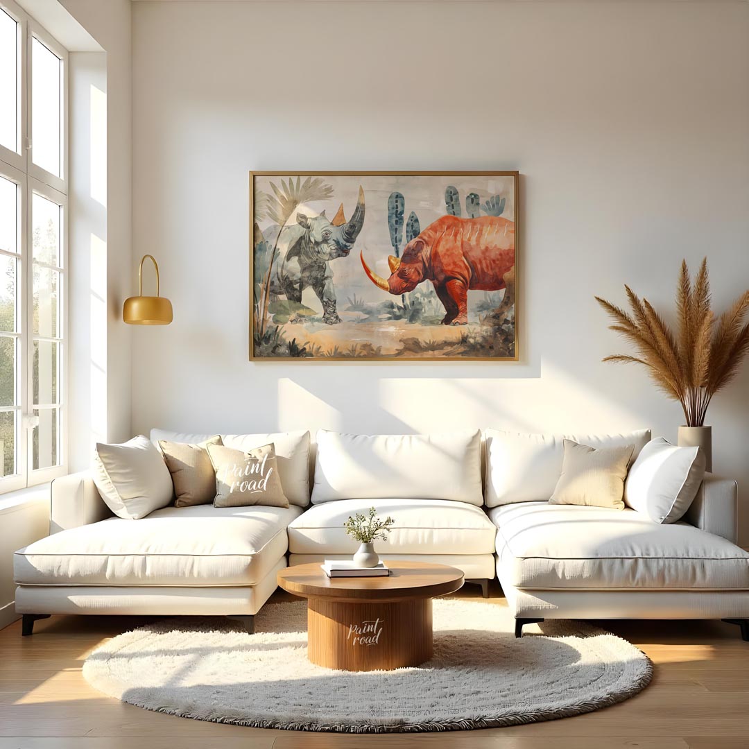 This compelling artwork depicts two rhinoceroses in a stylized, watercolor-like setting, facing eac… for living room