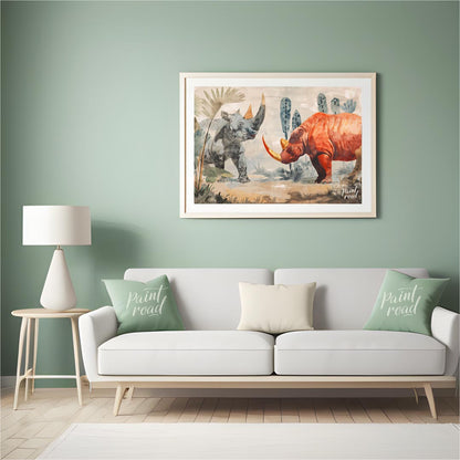 This compelling artwork depicts two rhinoceroses in a stylized, watercolor-like setting, facing eac… for living room