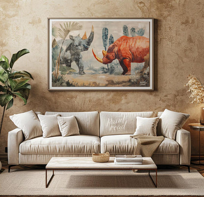 This compelling artwork depicts two rhinoceroses in a stylized, watercolor-like setting, facing eac… for living room