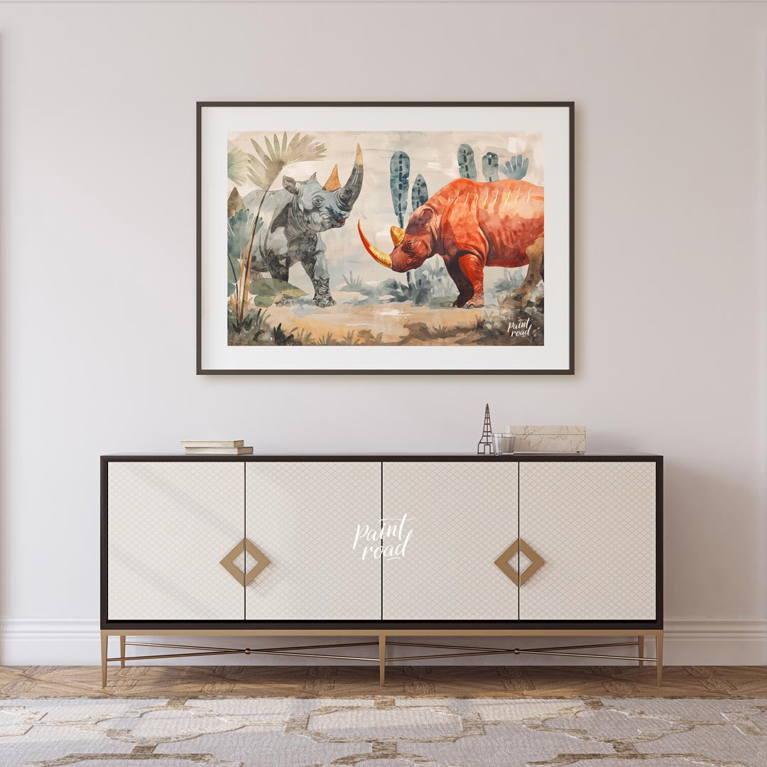 This compelling artwork depicts two rhinoceroses in a stylized, watercolor-like setting, facing eac… for living room