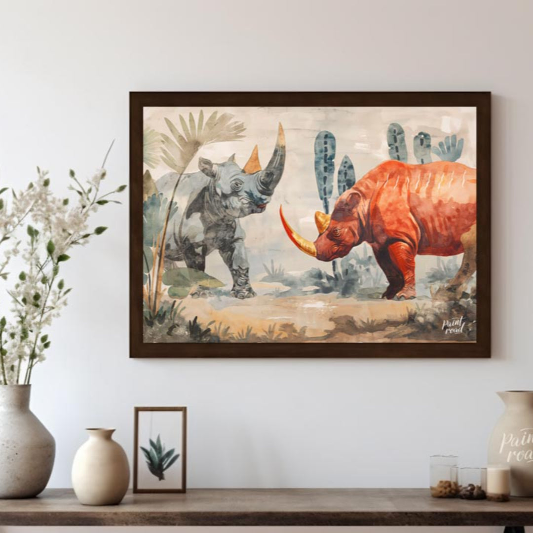 This compelling artwork depicts two rhinoceroses in a stylized, watercolor-like setting, facing eac… for living room