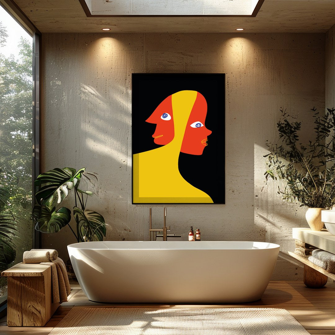 This captivating piece explores the duality of human emotion through abstract expression. The bold for Bathroom