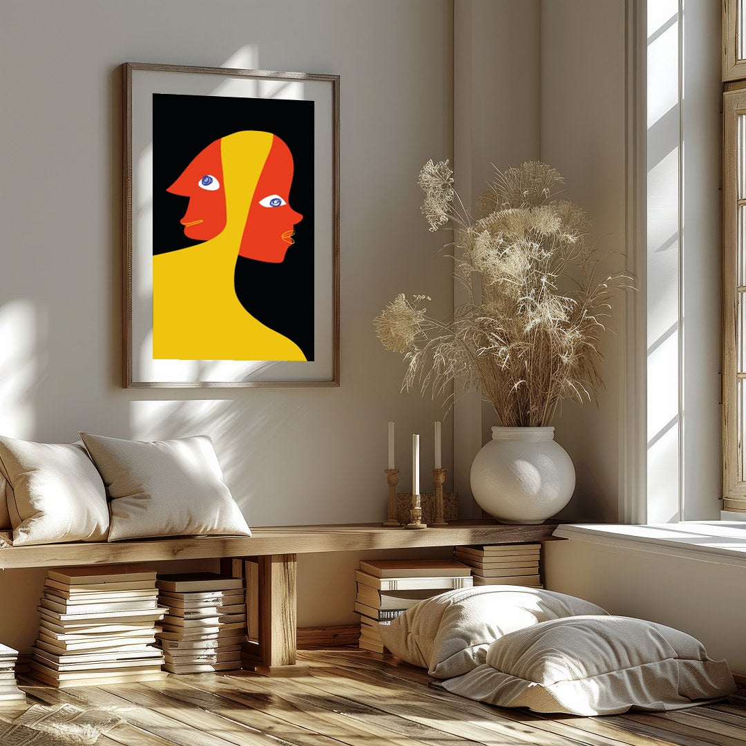 This captivating piece explores the duality of human emotion through abstract expression. The bold for decor