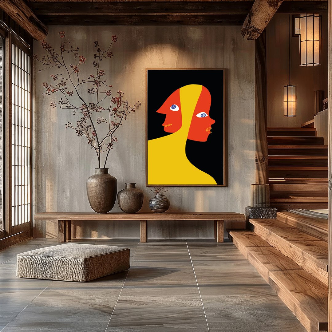 This captivating piece explores the duality of human emotion through abstract expression. The bold for Hall