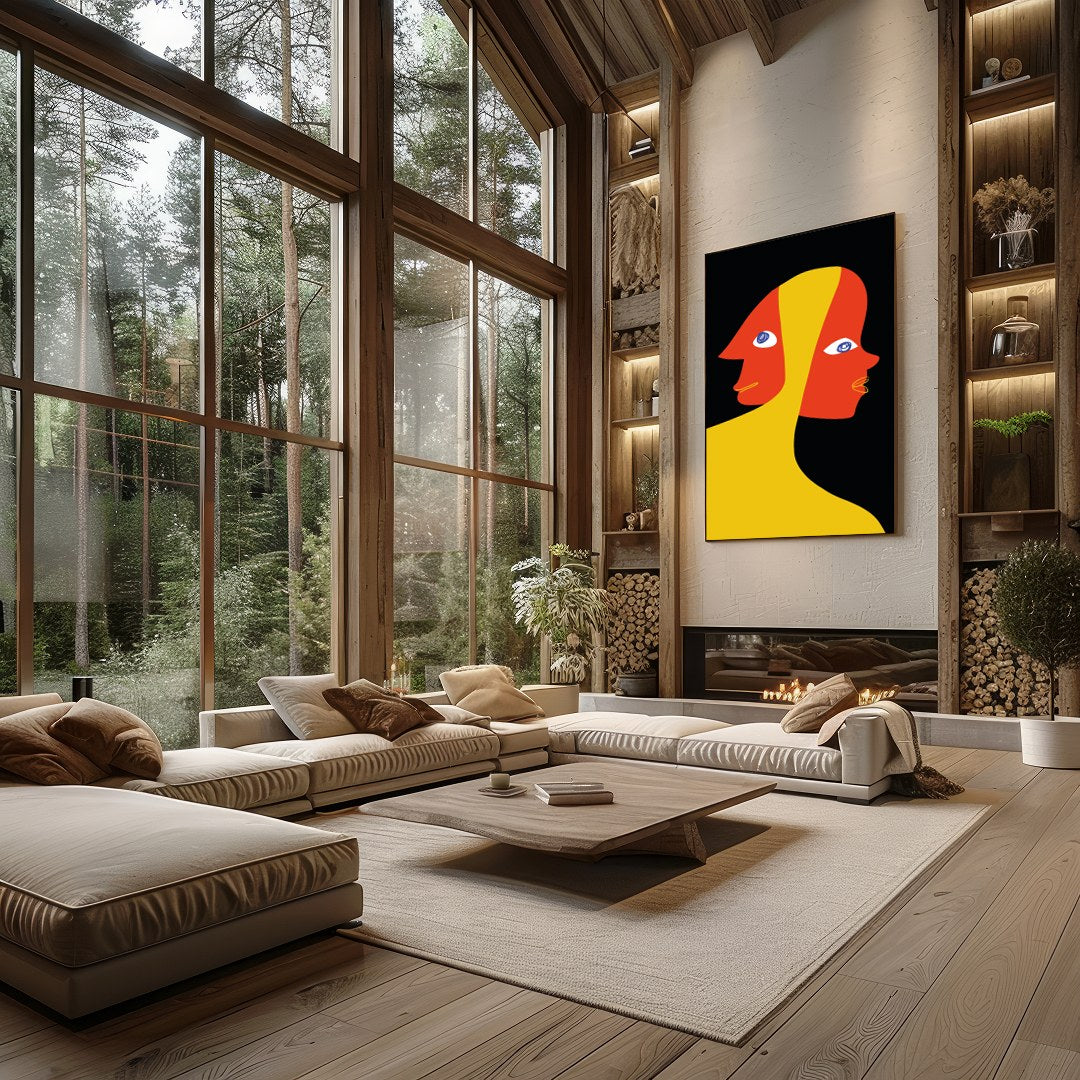 This captivating piece explores the duality of human emotion through abstract expression. The bold for Living Room