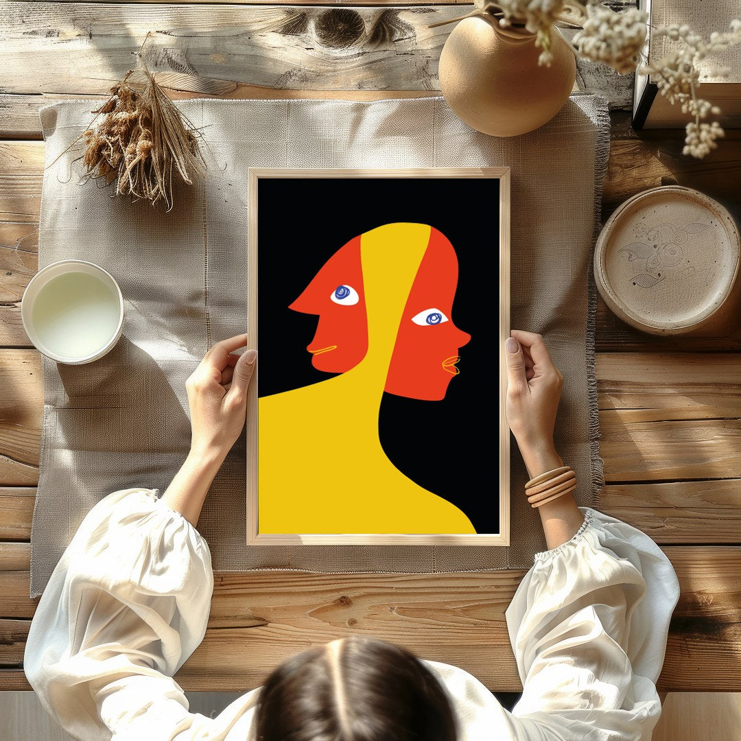 This captivating piece explores the duality of human emotion through abstract expression. The bold for studio