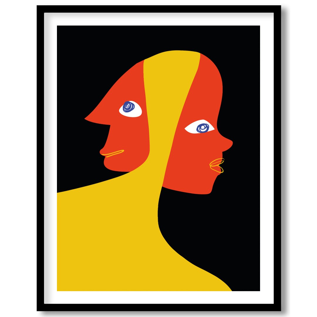 This captivating piece explores the duality of human emotion through abstract expression. The bold for sweet-home