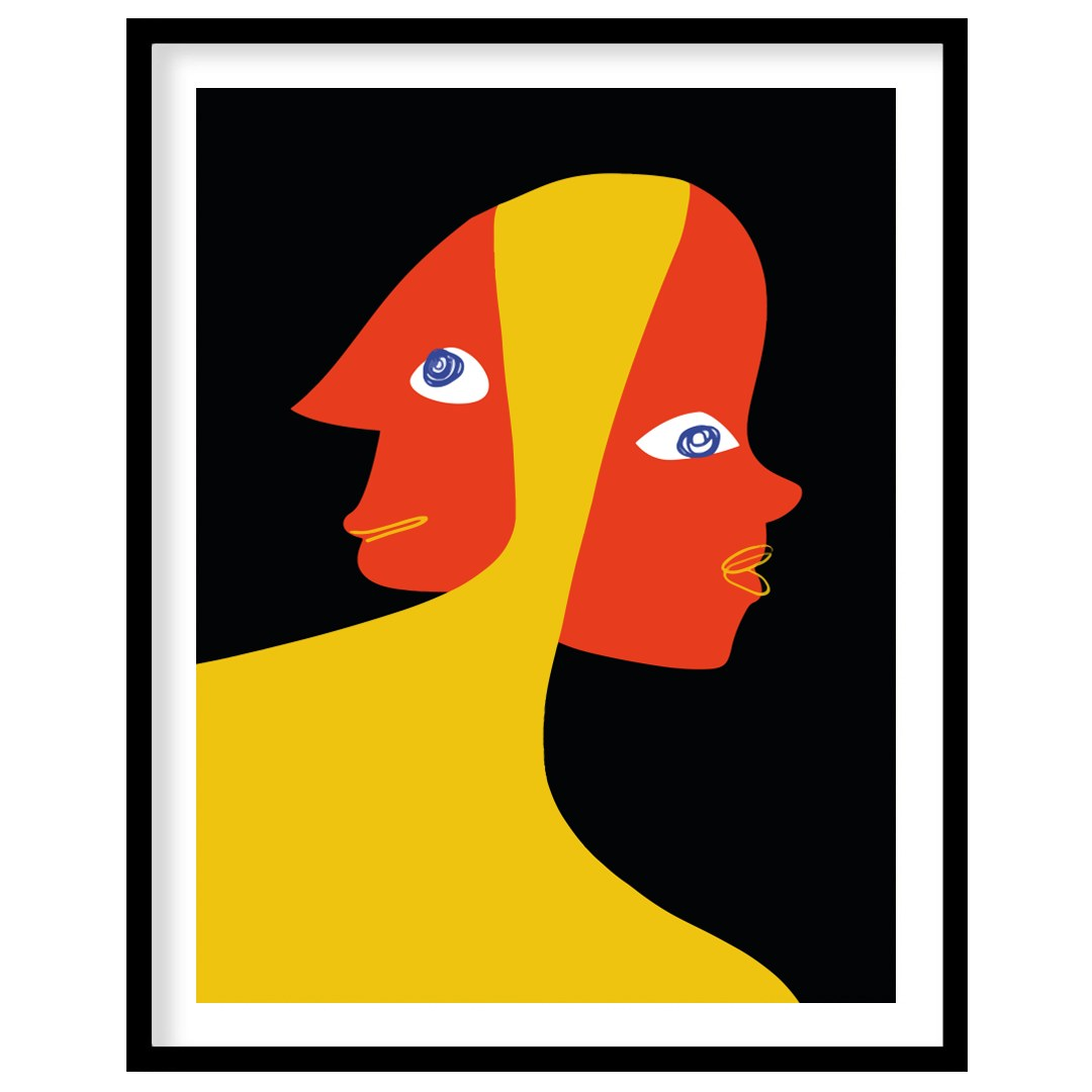 This captivating piece explores the duality of human emotion through abstract expression. The bold for sweet-home