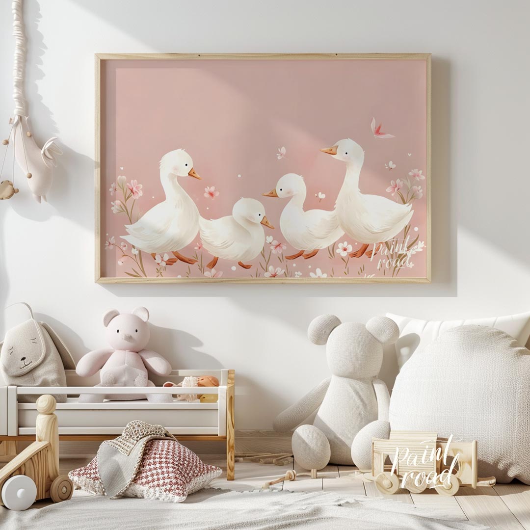 This delightful watercolor poster captures a heartwarming scene of a duck family enjoying a stroll … for nursery