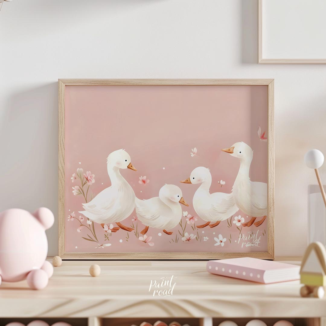 This delightful watercolor poster captures a heartwarming scene of a duck family enjoying a stroll … for nursery