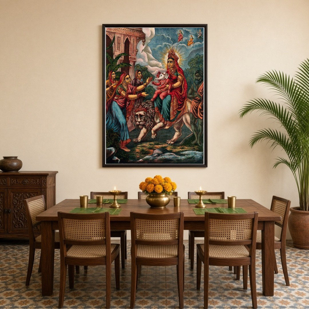 Immerse yourself in the divine power of goddess Durga as she majestically rides her lion, for Dining