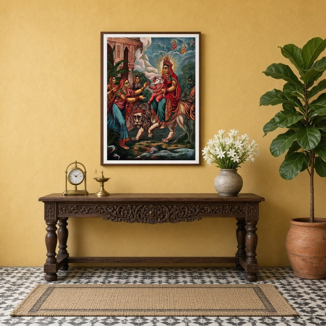 Immerse yourself in the divine power of goddess Durga as she majestically rides her lion, for Entrance
