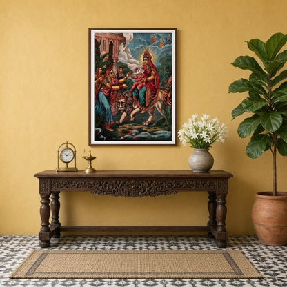 Immerse yourself in the divine power of goddess Durga as she majestically rides her lion, for Entrance
