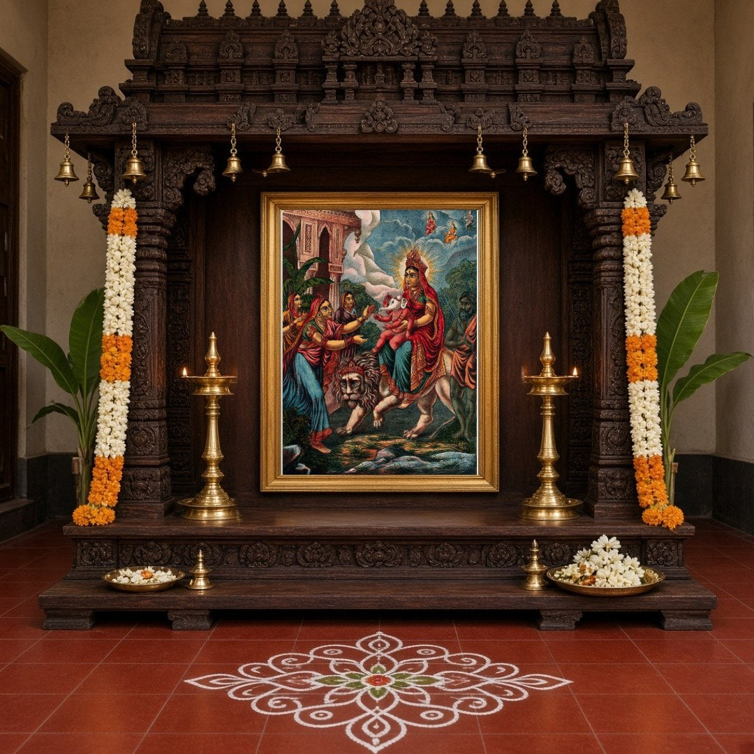 Immerse yourself in the divine power of goddess Durga as she majestically rides her lion, for Home Temple
