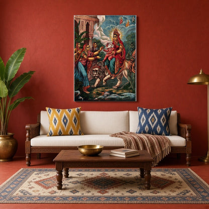 Immerse yourself in the divine power of goddess Durga as she majestically rides her lion, for Living Room