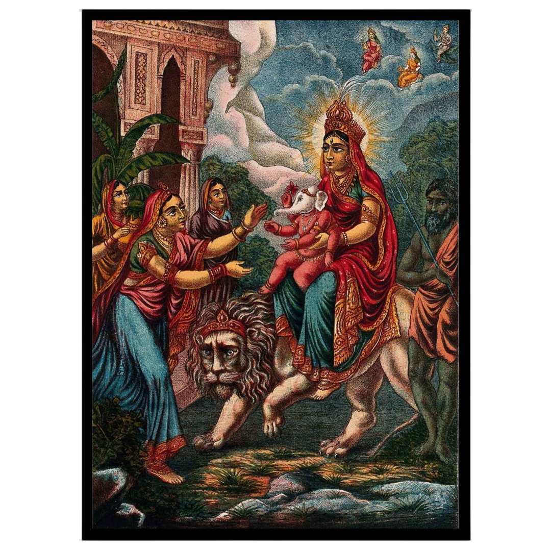 Immerse yourself in the divine power of goddess Durga as she majestically rides her lion, for room